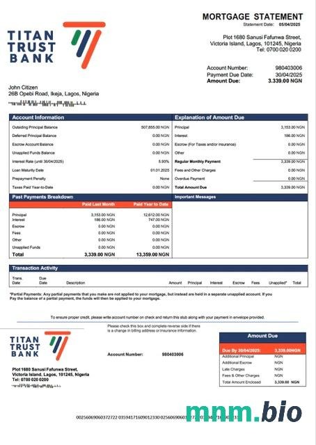 Nigeria Titan Trust Bank wyciąg z kredytu hipotecznego szablon Word i PDF